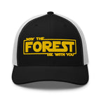 May the Forest Be With You embroidered black trucker hat white mesh front view – funny hiking gift