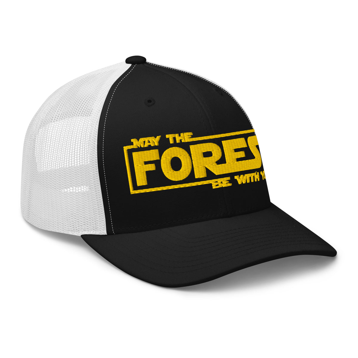 Black and white mesh May the Forest Be With You trucker hat side view – funny outdoor cap