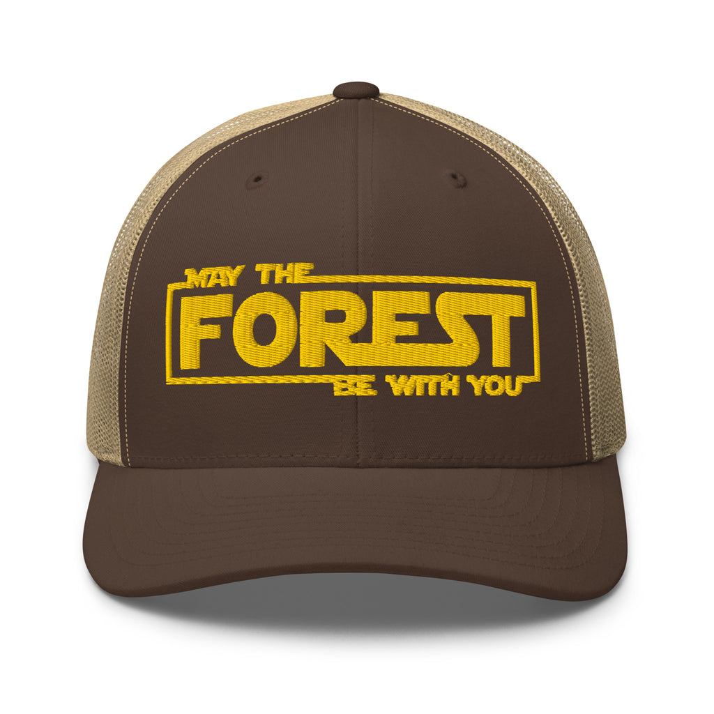 May the Forest Be With You embroidered brown trucker hat khaki mesh front view – funny nature cap