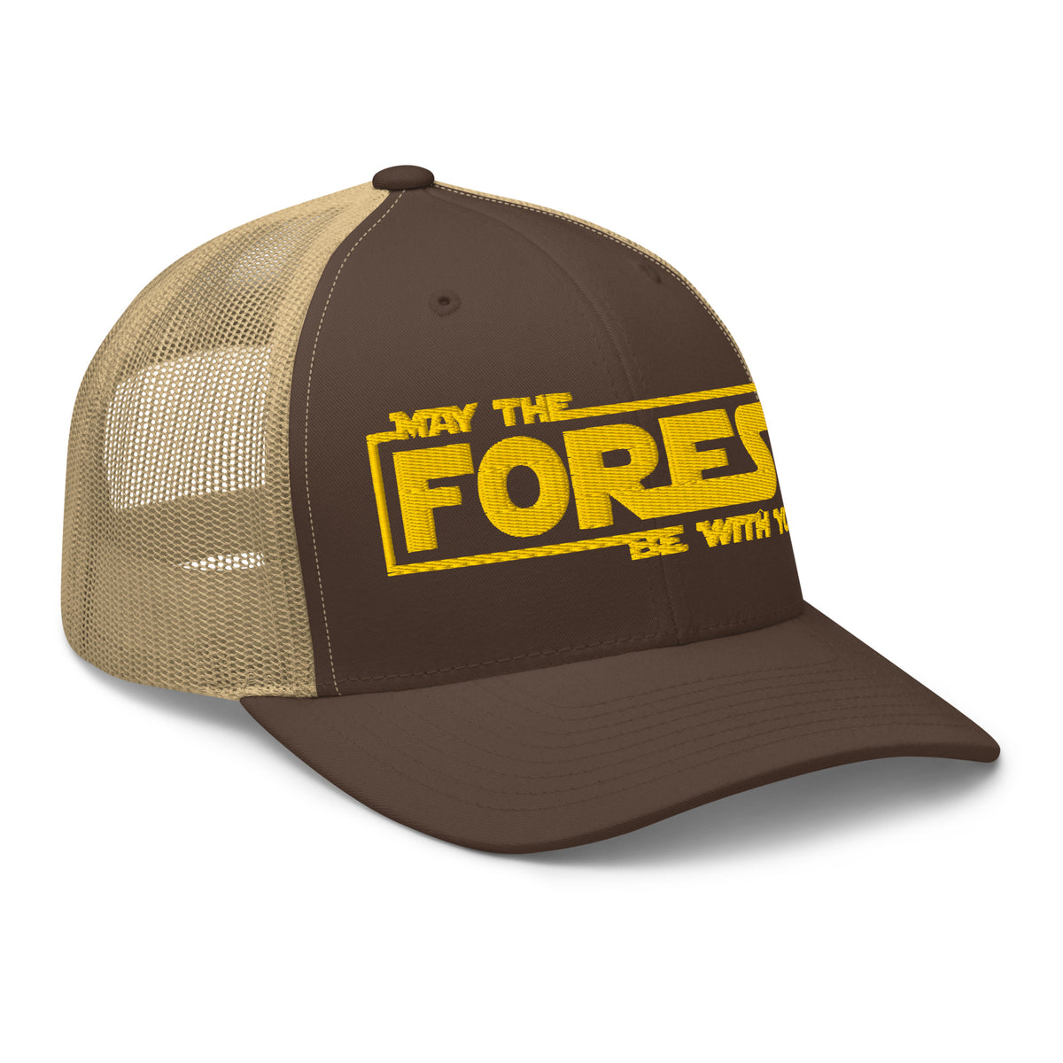 Brown and khaki mesh May the Forest Be With You trucker hat side view – outdoor hiking cap