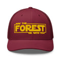 May the Forest Be With You embroidered cranberry trucker hat front view – funny hiking cap for men and women
