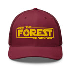 May the Forest Be With You embroidered cranberry trucker hat front view – funny hiking cap for men and women