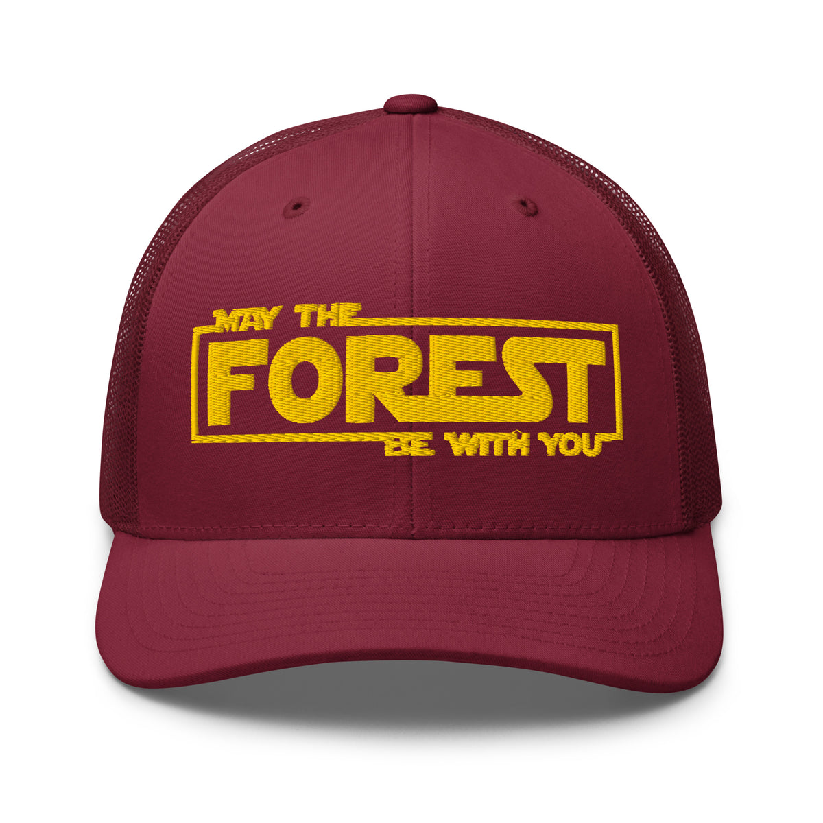 May the Forest Be With You embroidered cranberry trucker hat front view – funny hiking cap for men and women