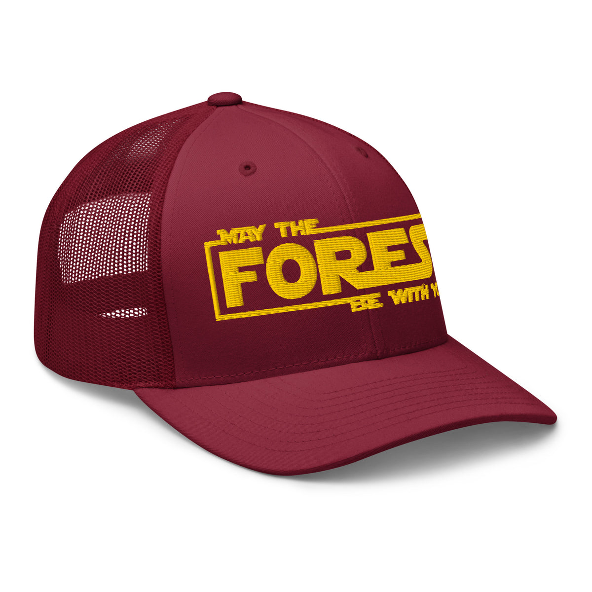 Cranberry May the Forest Be With You trucker hat side view – funny outdoor cap for campers