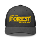 May the Forest Be With You embroidered dark gray heather trucker hat front view – funny outdoor gift cap