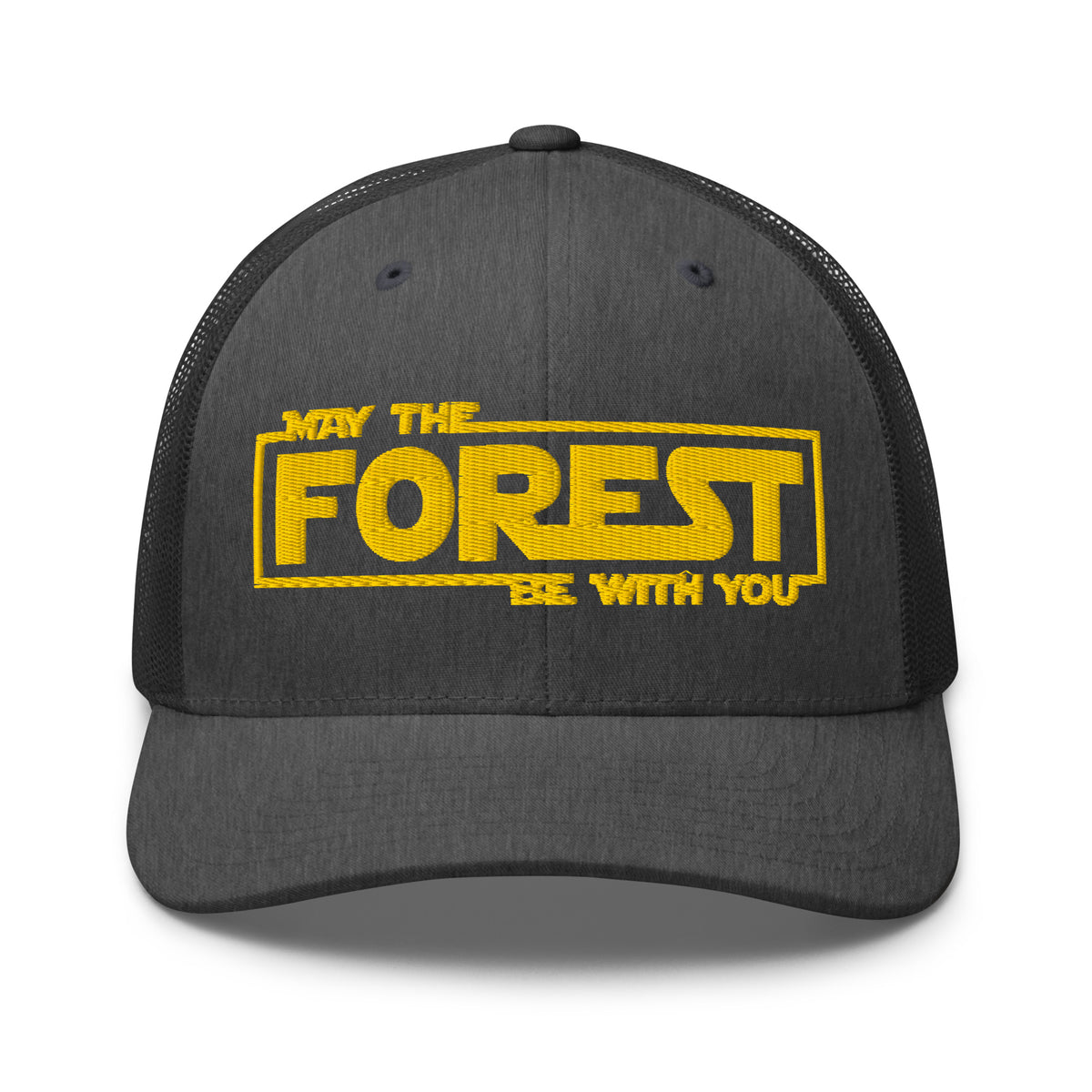 May the Forest Be With You embroidered dark gray heather trucker hat front view – funny outdoor gift cap