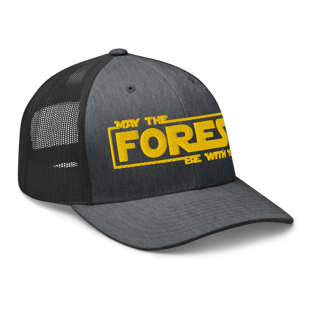 Dark gray heather May the Forest Be With You trucker hat side view – embroidered hiking cap