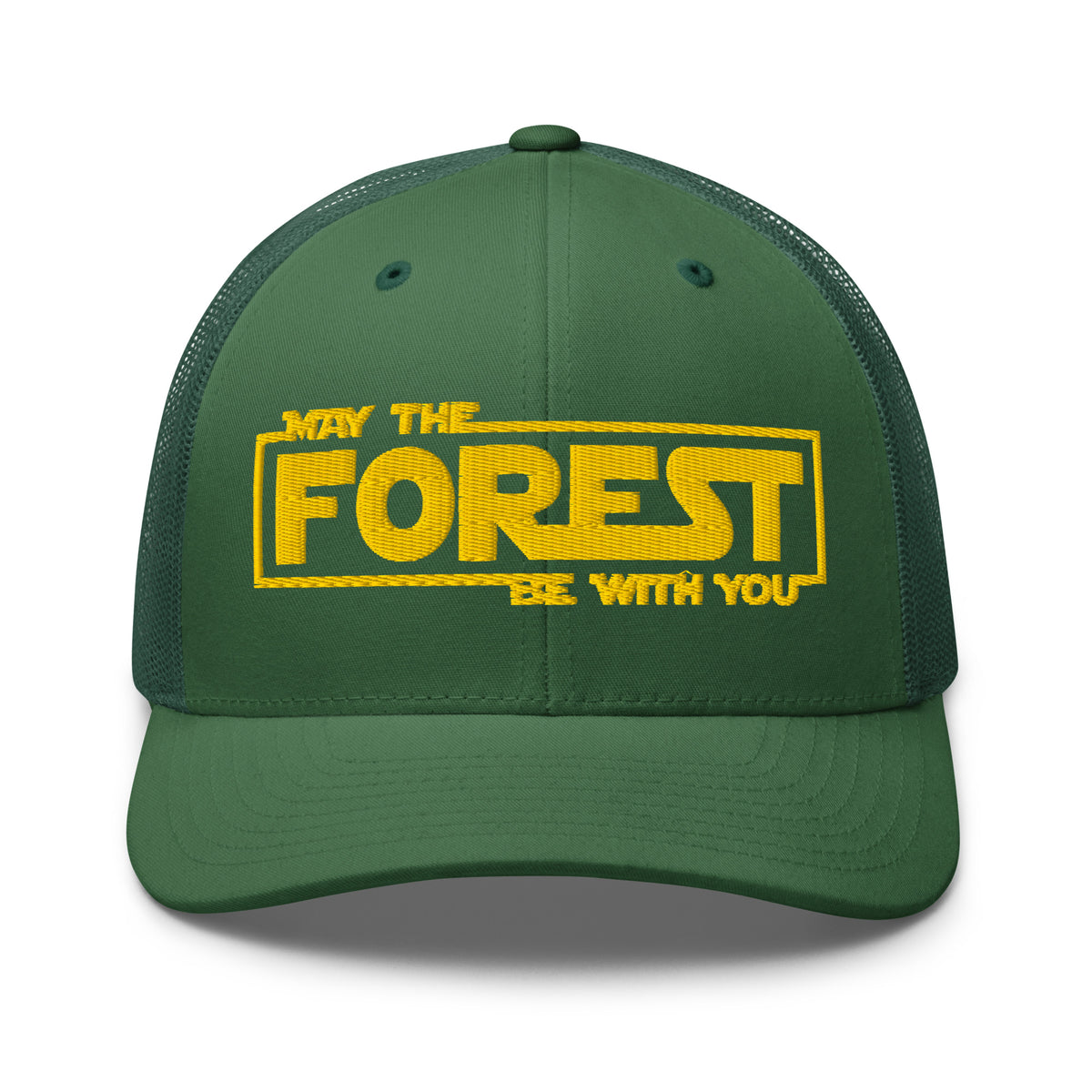 May the Forest Be With You embroidered evergreen trucker hat front view – funny nature lover cap