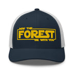 May the Forest Be With You embroidered navy trucker hat white mesh front view – hiking cap for outdoor lovers