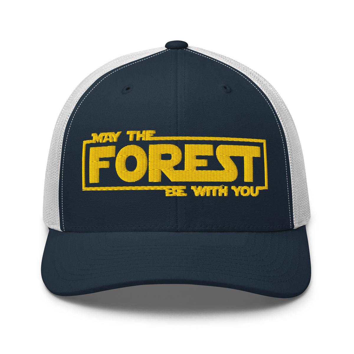 May the Forest Be With You embroidered navy trucker hat white mesh front view – hiking cap for outdoor lovers