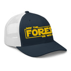 Navy and white mesh May the Forest Be With You trucker hat side view – funny camp hat