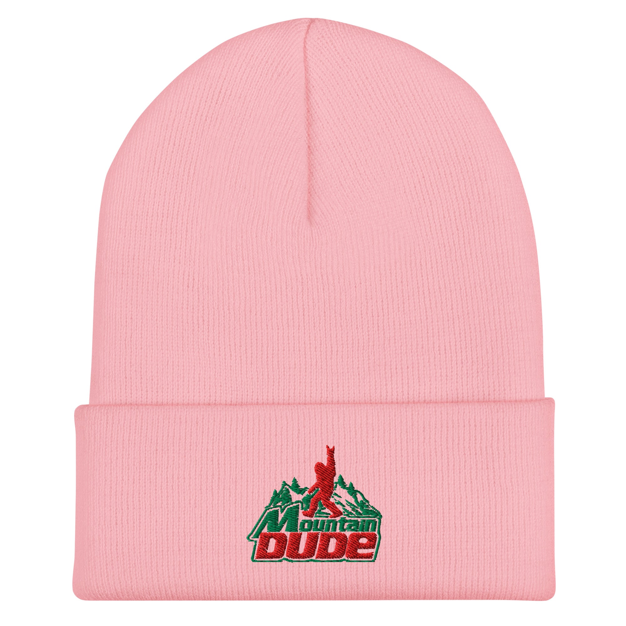 Mountain Dude embroidered baby pink beanie – funny hiking outdoor winter hat