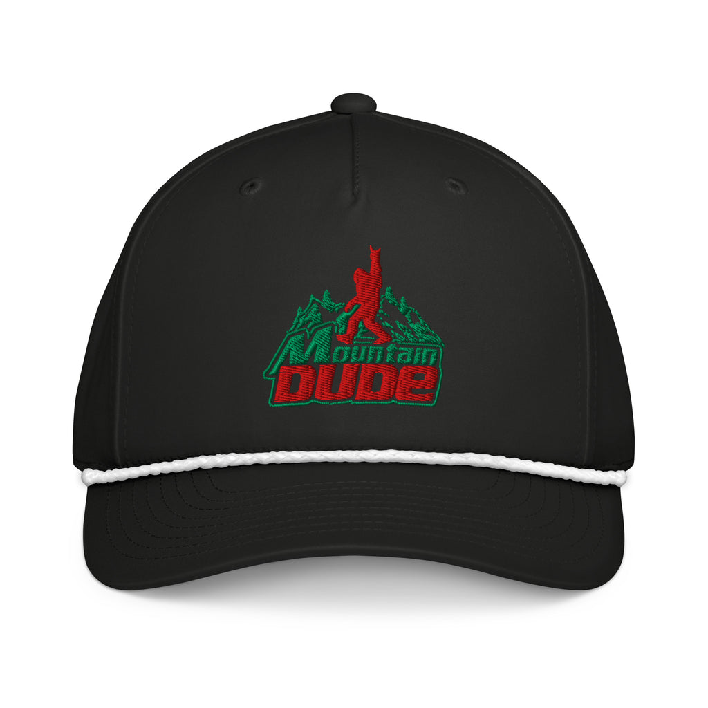 Mountain Dude embroidered black rope hat with white rope front view – funny hiking cap