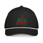 Mountain Dude embroidered black rope hat with white rope front view – funny hiking cap