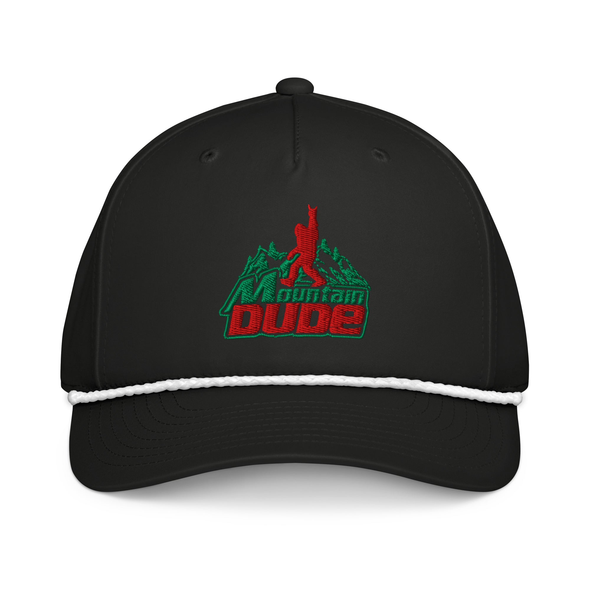 Mountain Dude embroidered black rope hat with white rope front view – funny hiking cap
