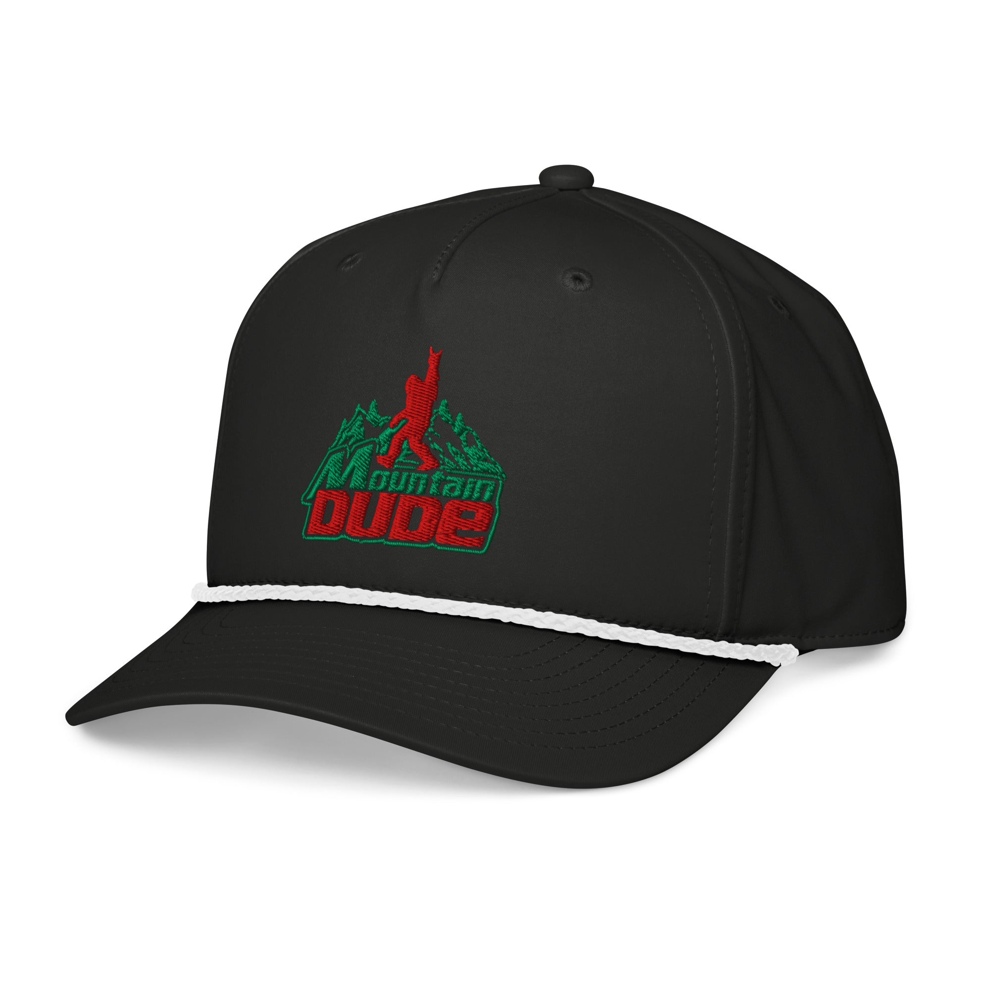 Black Mountain Dude rope hat with white rope side view – funny embroidered hiking cap