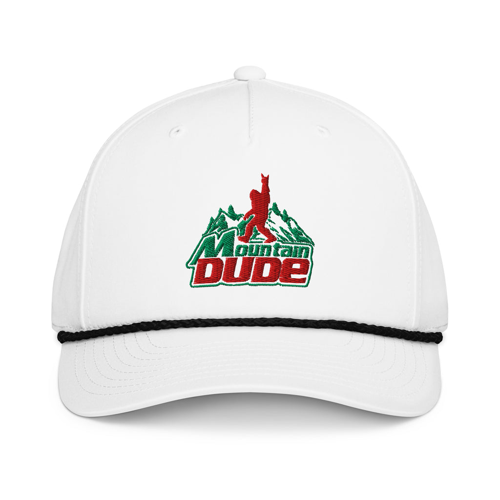 Mountain Dude embroidered white rope hat with black rope front view – funny hiking cap