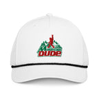 Mountain Dude embroidered white rope hat with black rope front view – funny hiking cap