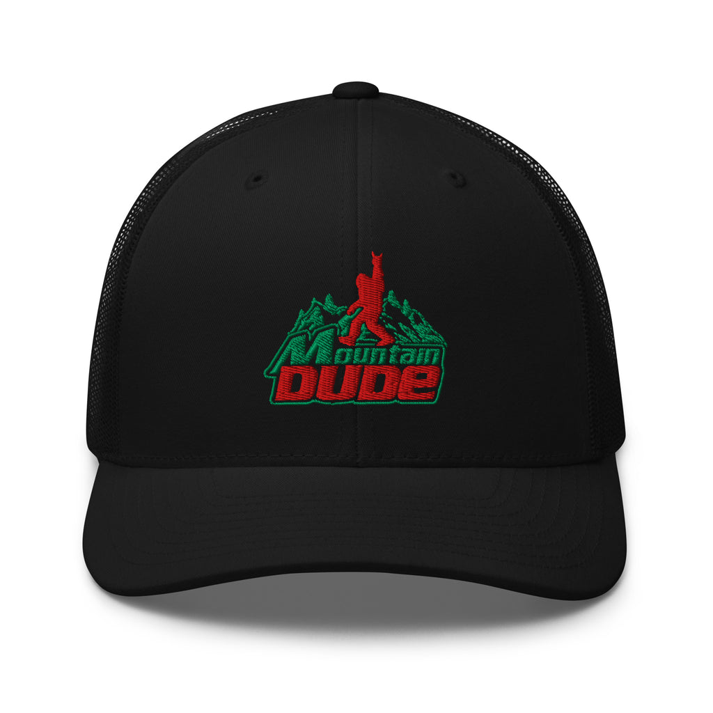 Mountain Dude embroidered black trucker hat front view – funny hiking outdoor cap