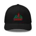 Mountain Dude embroidered black trucker hat front view – funny hiking outdoor cap