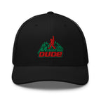 Mountain Dude embroidered black trucker hat front view – funny hiking outdoor cap
