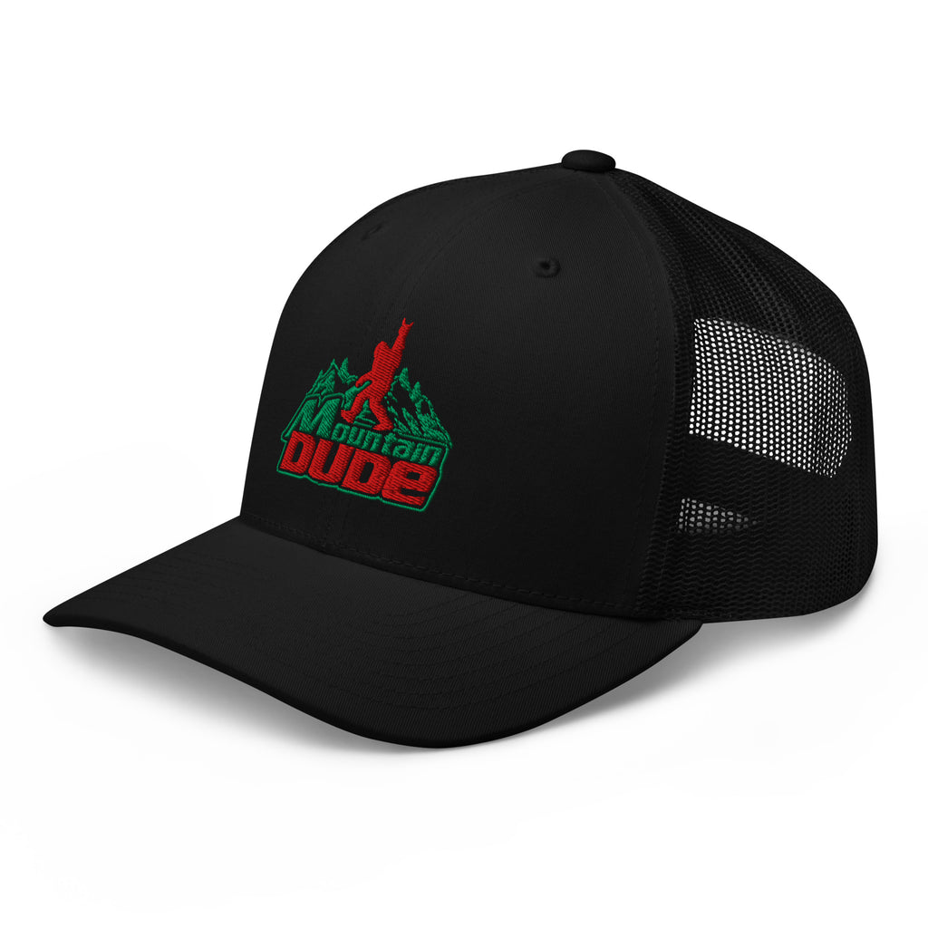 Black Mountain Dude trucker hat side view – funny embroidered hiking cap