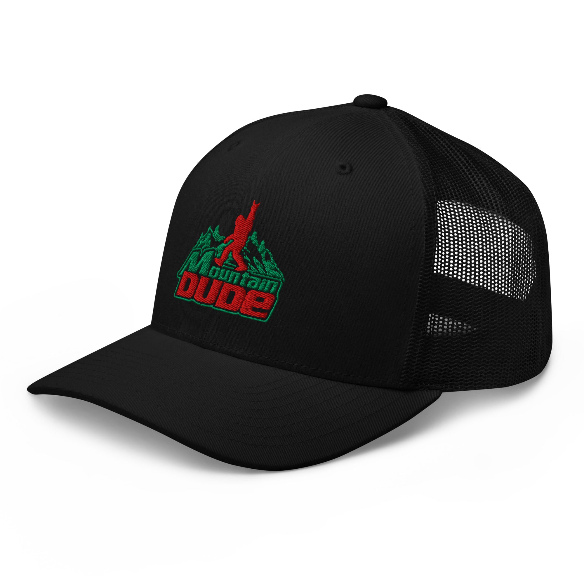 Black Mountain Dude trucker hat side view – funny embroidered hiking cap