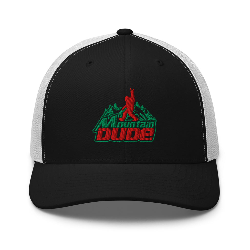 Mountain Dude embroidered black trucker hat white mesh front view – funny hiking cap