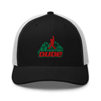 Mountain Dude embroidered black trucker hat white mesh front view – funny hiking cap