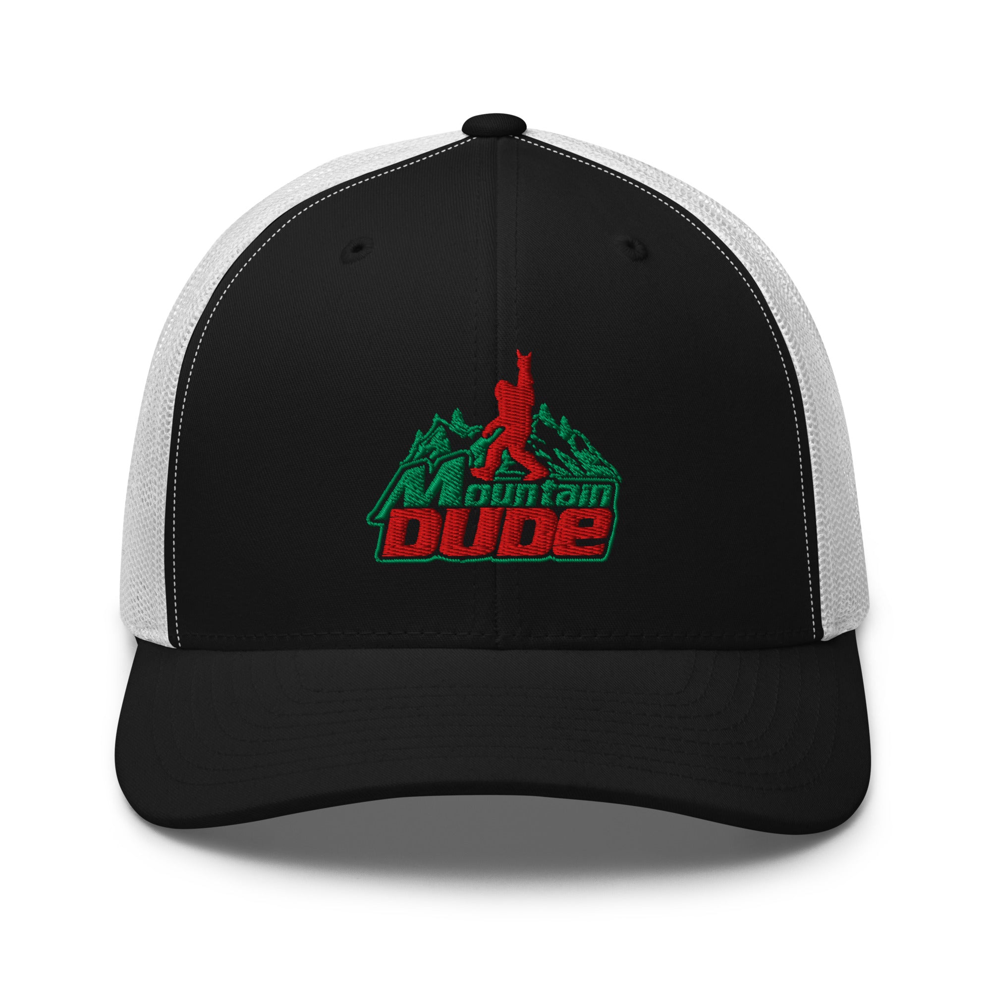 Mountain Dude embroidered black trucker hat white mesh front view – funny hiking cap