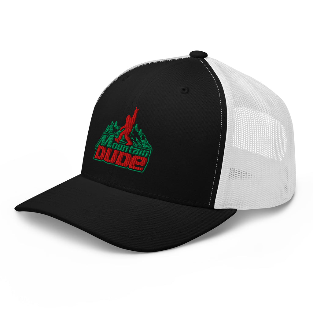 Black and white mesh Mountain Dude trucker hat side view – funny hiking cap