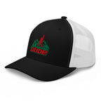 Black and white mesh Mountain Dude trucker hat side view – funny hiking cap