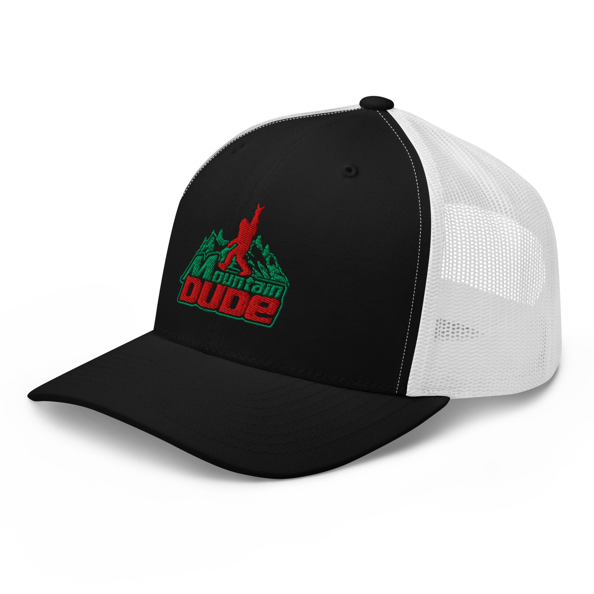 Black and white mesh Mountain Dude trucker hat side view – funny hiking cap