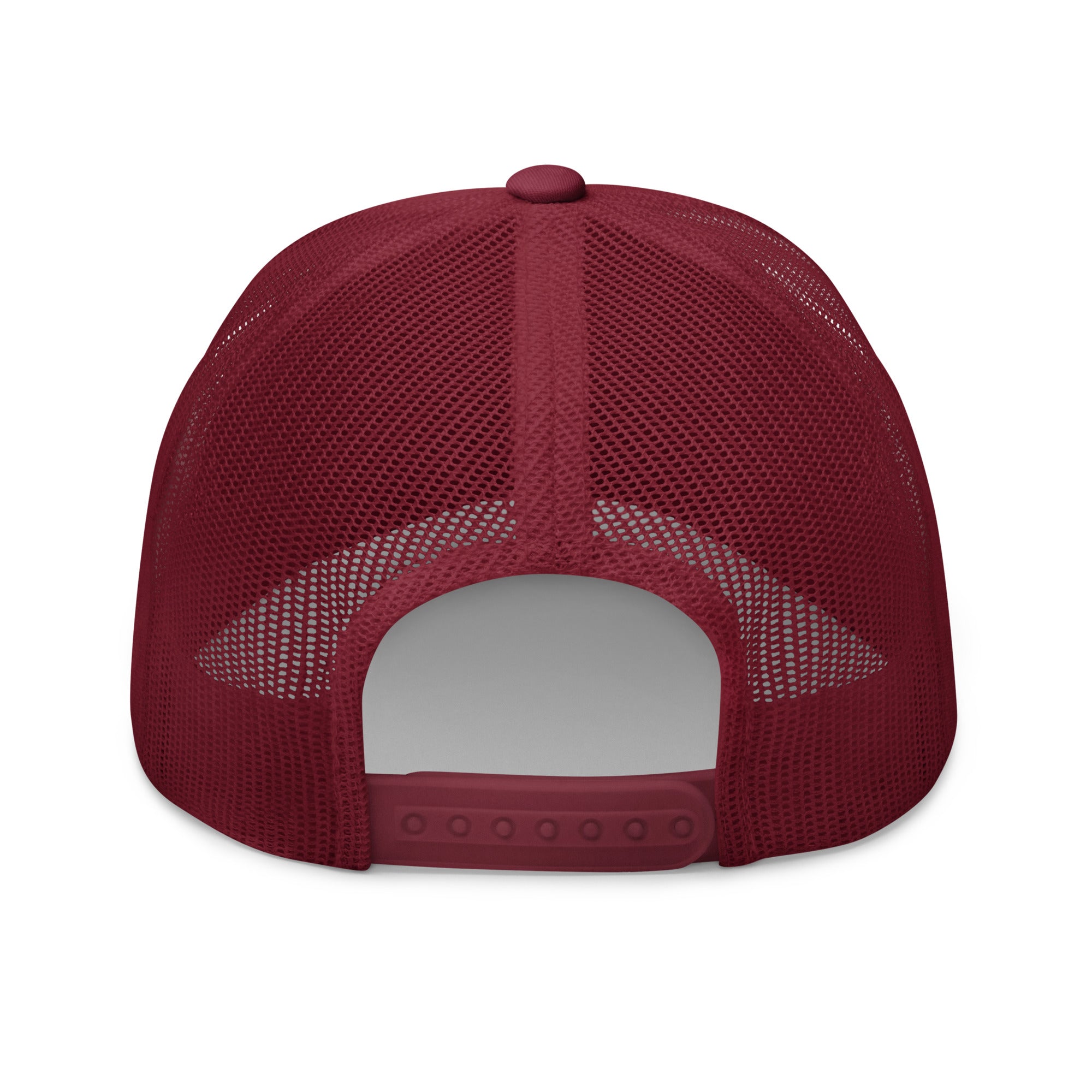 Mountain Dude cranberry trucker hat back view – adjustable snapback closure