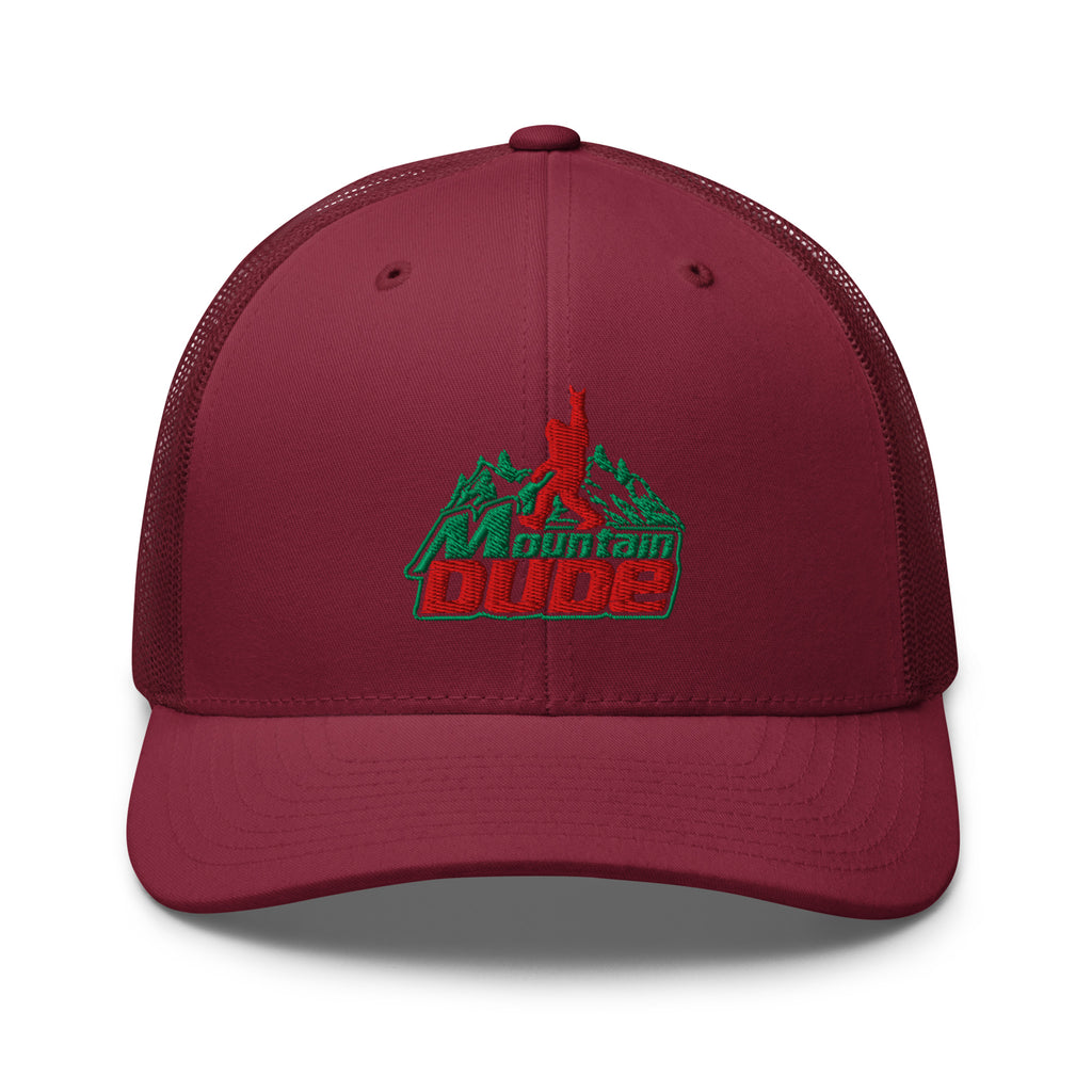Mountain Dude embroidered cranberry trucker hat front view – funny hiking outdoor cap