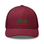 Mountain Dude embroidered cranberry trucker hat front view – funny hiking outdoor cap
