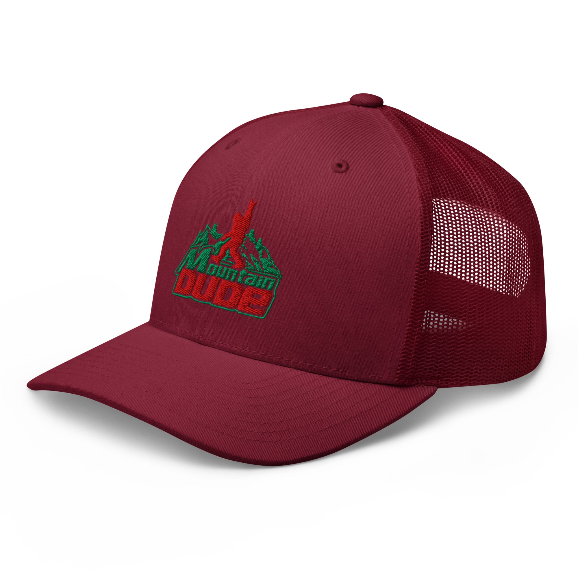 Cranberry Mountain Dude trucker hat side view – funny embroidered hiking cap