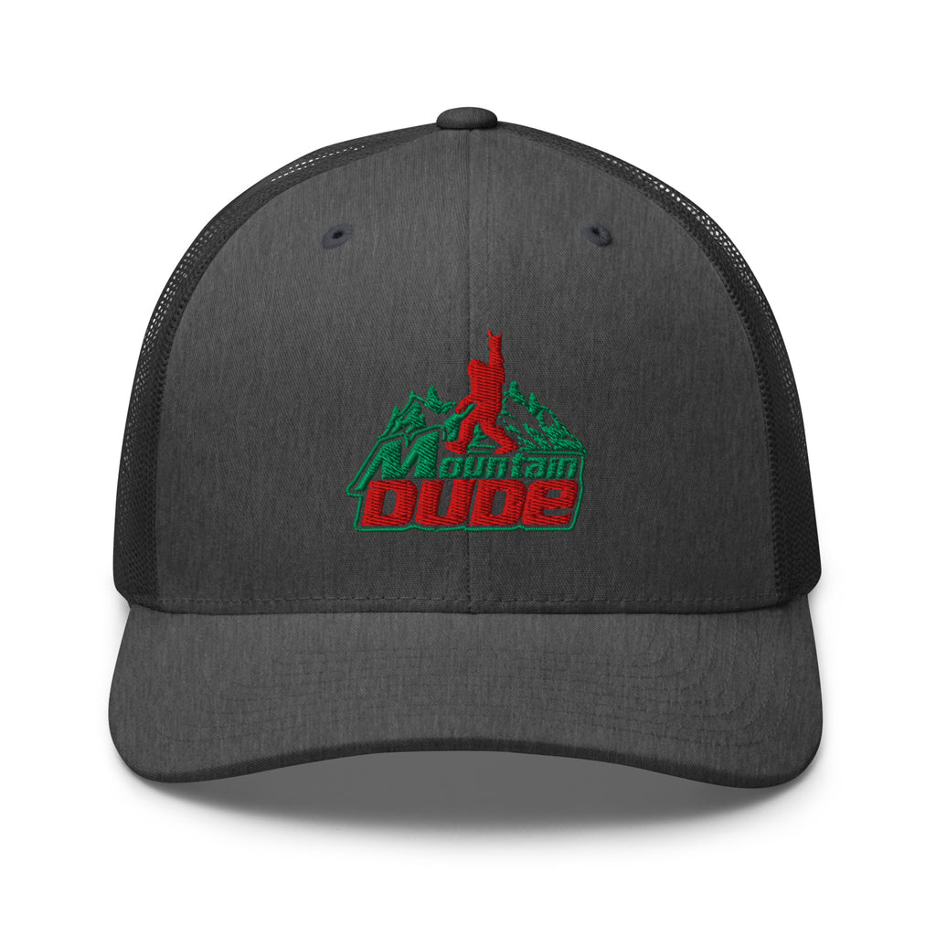 Mountain Dude embroidered dark gray heather trucker hat front view – funny hiking cap