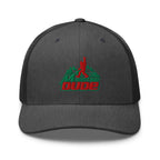 Mountain Dude embroidered dark gray heather trucker hat front view – funny hiking cap