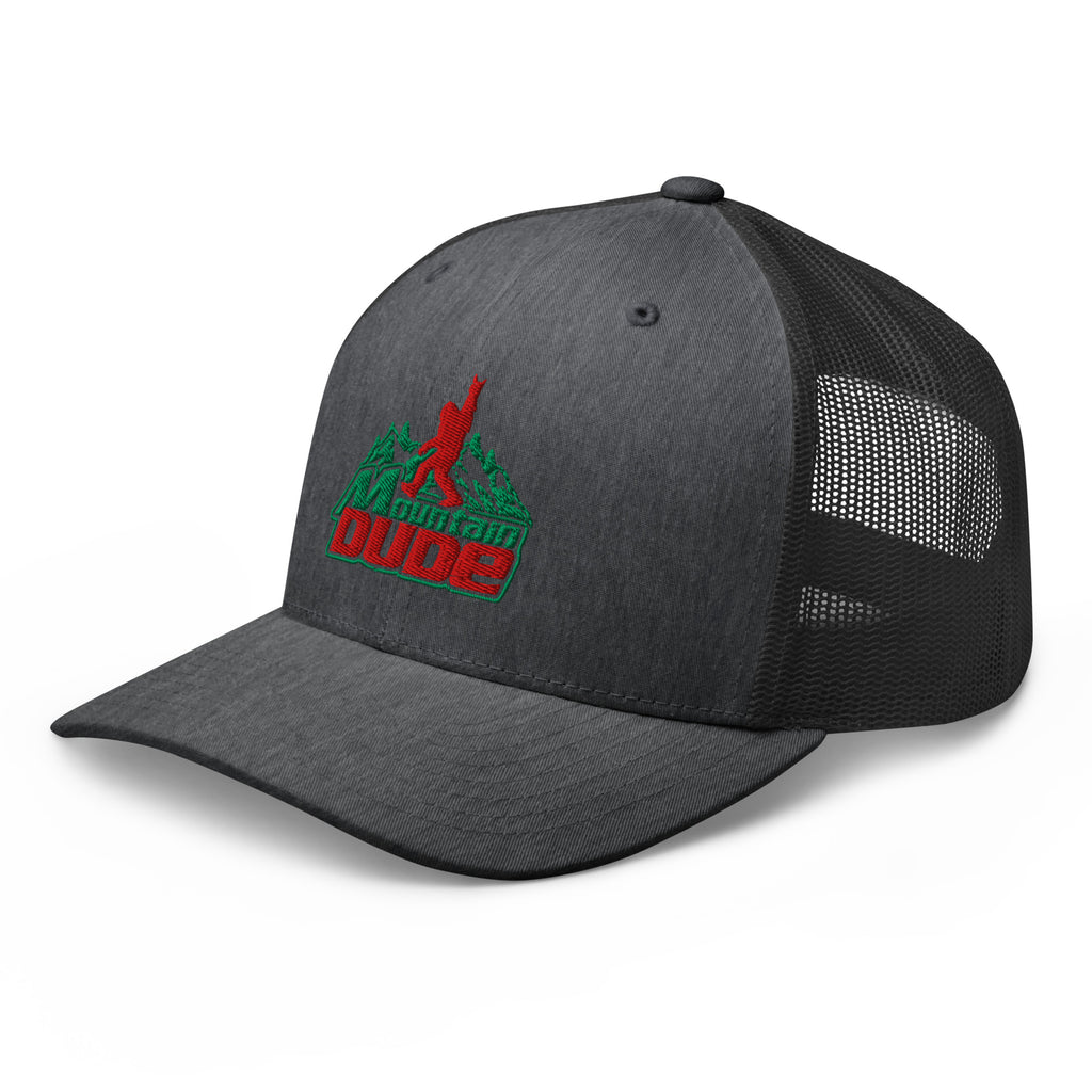 Dark gray heather Mountain Dude trucker hat side view – funny hiking cap