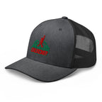 Dark gray heather Mountain Dude trucker hat side view – funny hiking cap