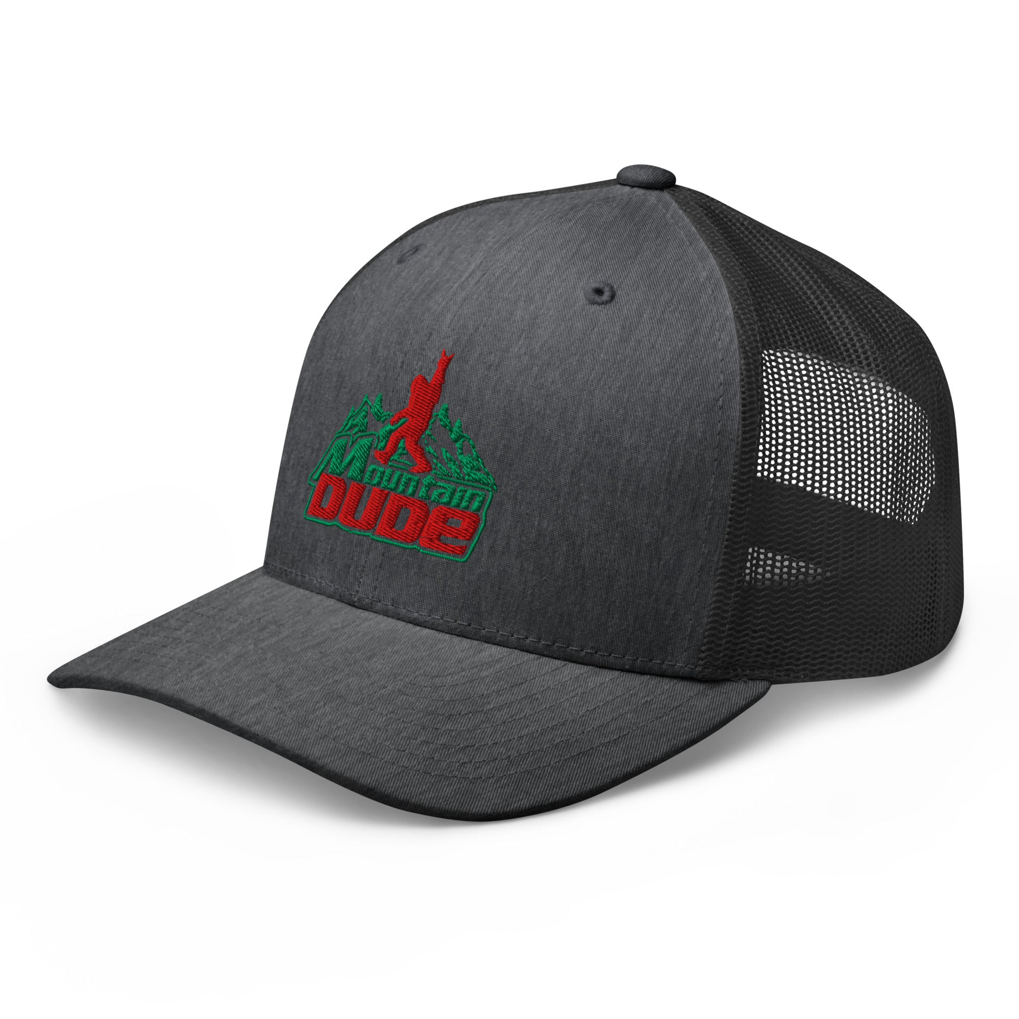 Dark gray heather Mountain Dude trucker hat side view – funny hiking cap