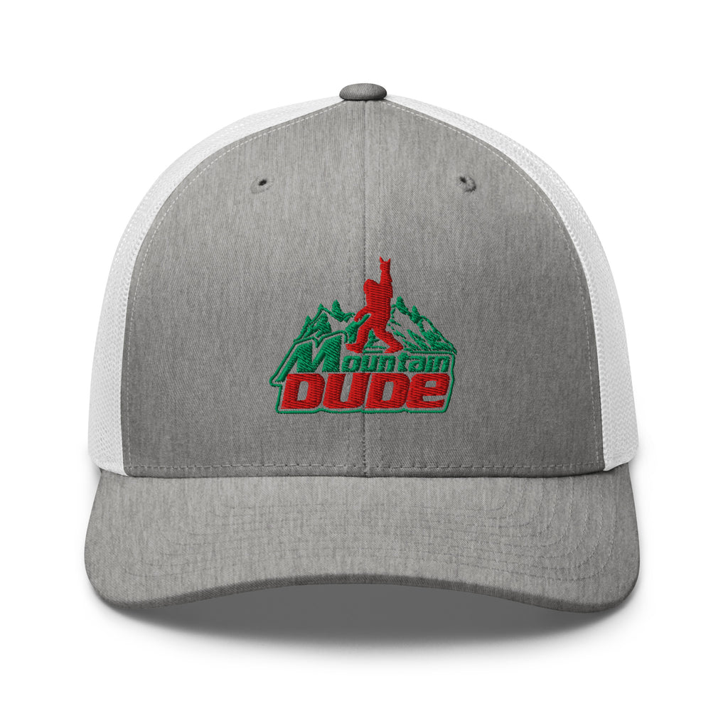 Mountain Dude embroidered gray heather trucker hat white mesh front view – funny hiking cap