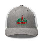 Mountain Dude embroidered gray heather trucker hat white mesh front view – funny hiking cap