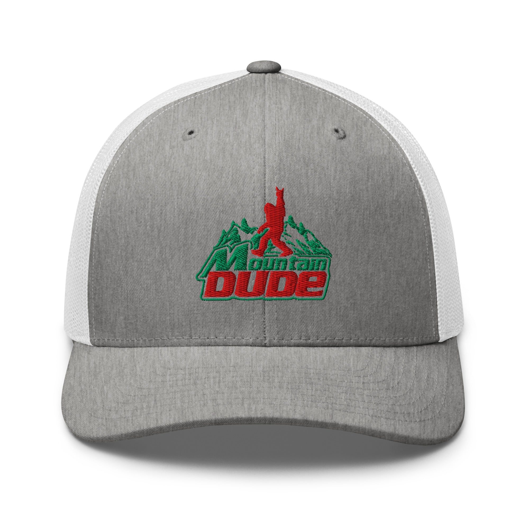 Mountain Dude embroidered gray heather trucker hat white mesh front view – funny hiking cap