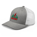 Gray heather and white mesh Mountain Dude trucker hat side view – funny hiking cap