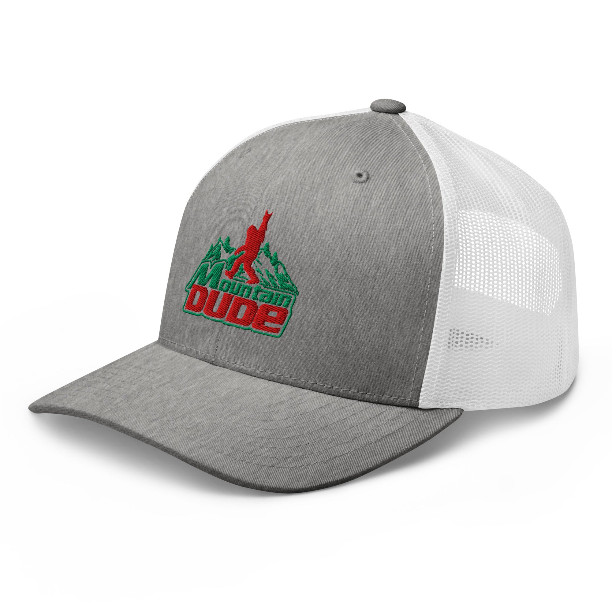 Gray heather and white mesh Mountain Dude trucker hat side view – funny hiking cap