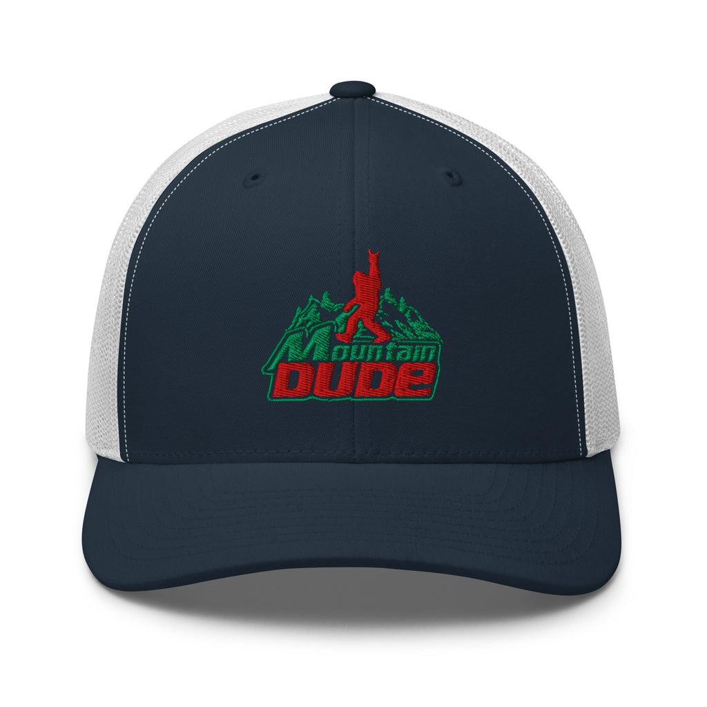 Mountain Dude embroidered navy trucker hat white mesh front view – funny hiking cap