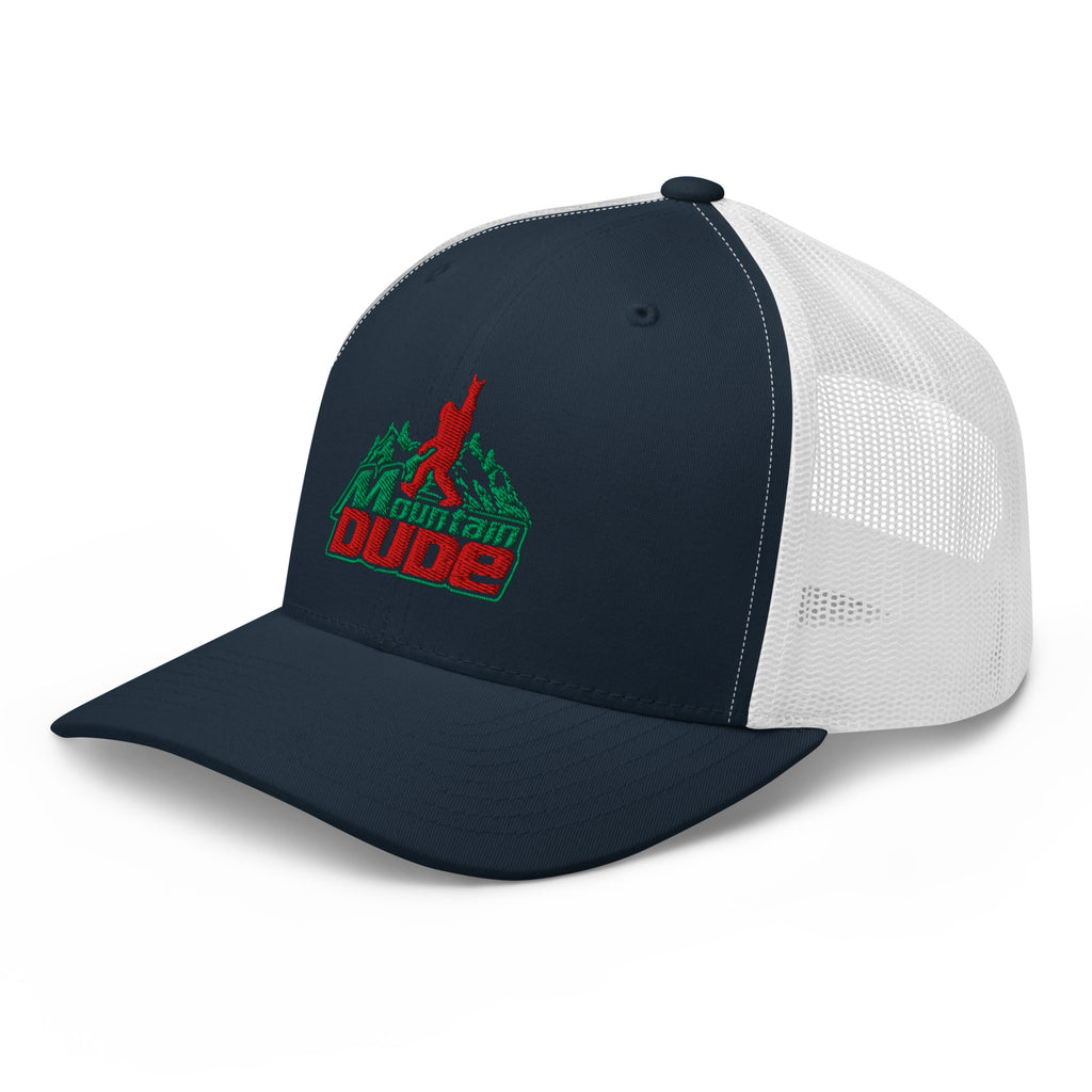 Navy and white mesh Mountain Dude trucker hat side view – funny hiking cap