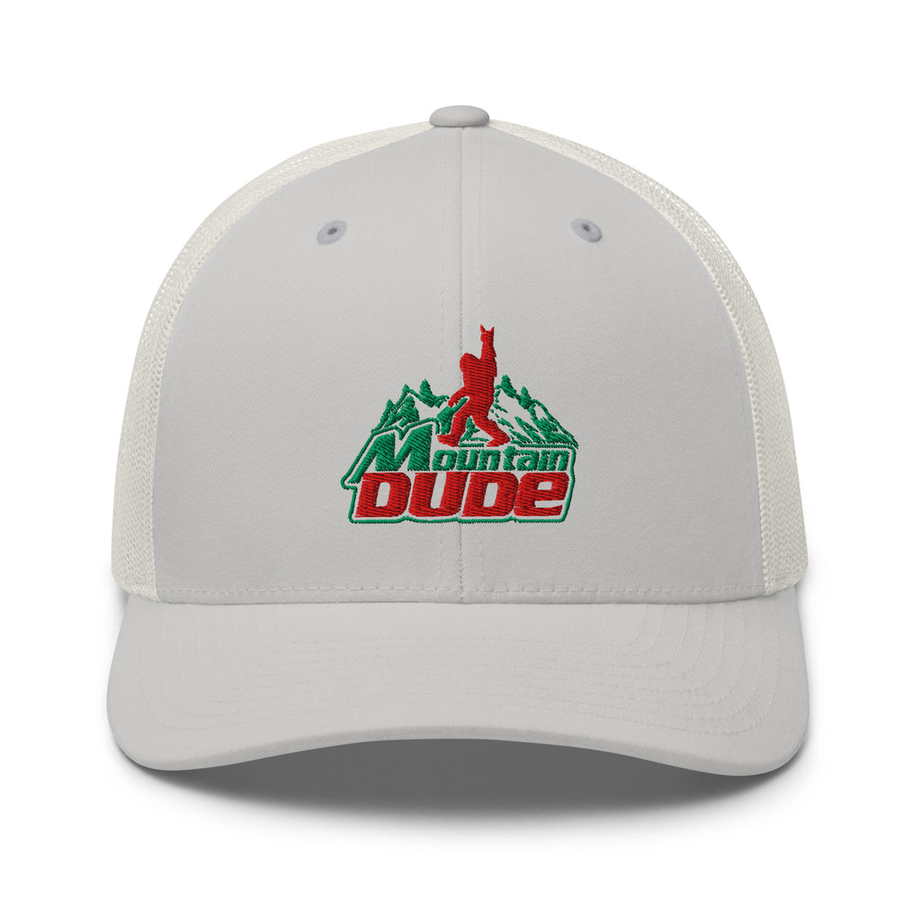 Mountain Dude embroidered silver trucker hat front view – funny hiking outdoor cap